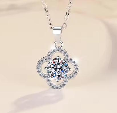 Rounded Clover Halo Sterling Silver Moissanite Pendant, silver-tone