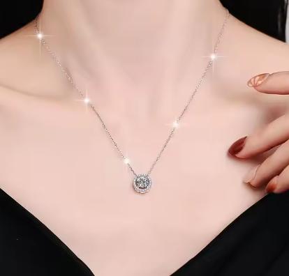 Petite Round Halo Sterling Silver Moissanite Pendant, silver-tone