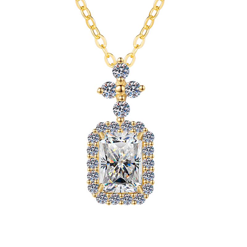 Rectangular Halo Drop Sterling Silver Moissanite Pendant, gold-tone, Emerald cut