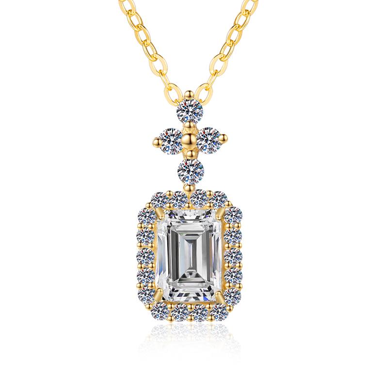 Rectangular Halo Drop Sterling Silver Moissanite Pendant, gold-tone, Radiant cut