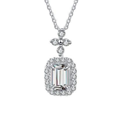 Rectangular Halo Drop Sterling Silver Moissanite Pendant, silver-tone, Emerald cut