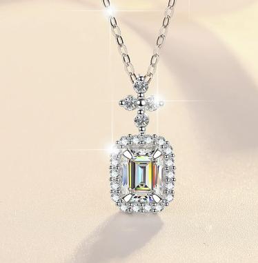 Rectangular Halo Drop Sterling Silver Moissanite Pendant, silver-tone, Emerald cut
