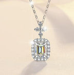 Rectangular Halo Drop Sterling Silver Moissanite Pendant, silver-tone, Emerald cut