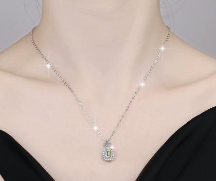 Rectangular Halo Drop Sterling Silver Moissanite Pendant, silver-tone, Emerald cut