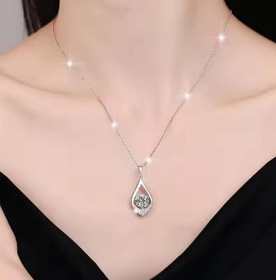 Elongated Teardrop Sterling Silver Moissanite Pendant, silver-tone