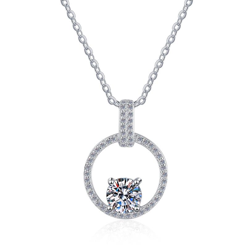 Open Circle Solitaire Sterling Silver Moissanite Pendant, silver-tone
