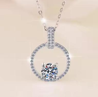 Open Circle Solitaire Sterling Silver Moissanite Pendant, silver-tone