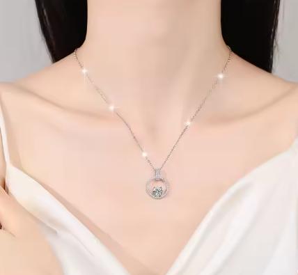 Open Circle Solitaire Sterling Silver Moissanite Pendant, silver-tone