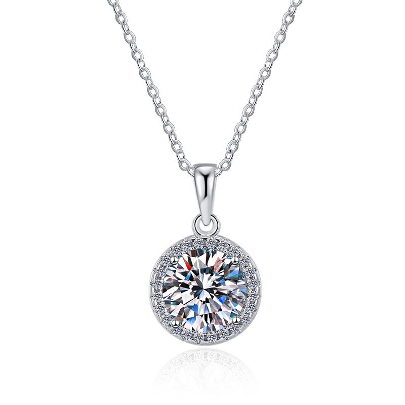 Round Pavé Halo Sterling Silver Moissanite Pendant, silver-tone