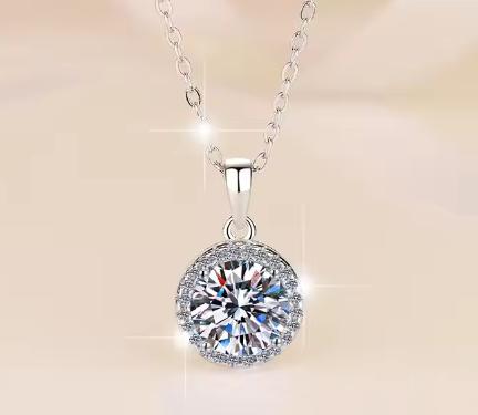 Round Pavé Halo Sterling Silver Moissanite Pendant, silver-tone