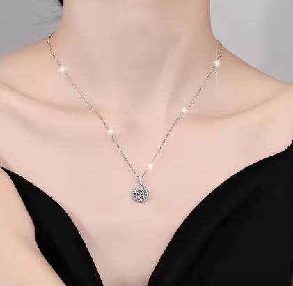 Round Pavé Halo Sterling Silver Moissanite Pendant, silver-tone