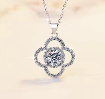 Quatrefoil Halo Sterling Silver Moissanite Pendant, silver-tone