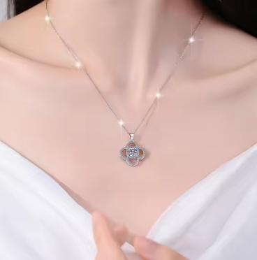 Quatrefoil Halo Sterling Silver Moissanite Pendant, silver-tone