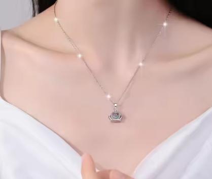 Crown Frame Sterling Silver Moissanite Pendant, silver-tone