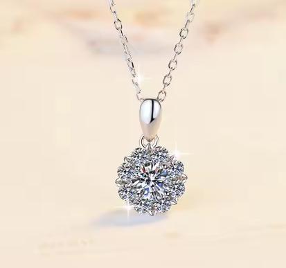 Petite Floral Halo Sterling Silver Moissanite Pendant, silver-tone