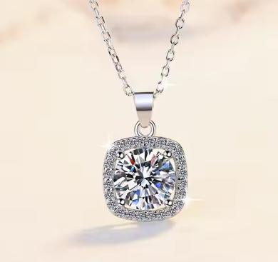 Cushion Frame Sterling Silver Moissanite Pendant, silver-tone