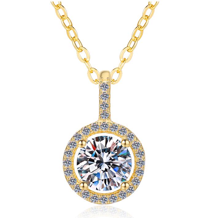 Circular Solitaire Halo Sterling Silver Moissanite Pendant, gold-tone