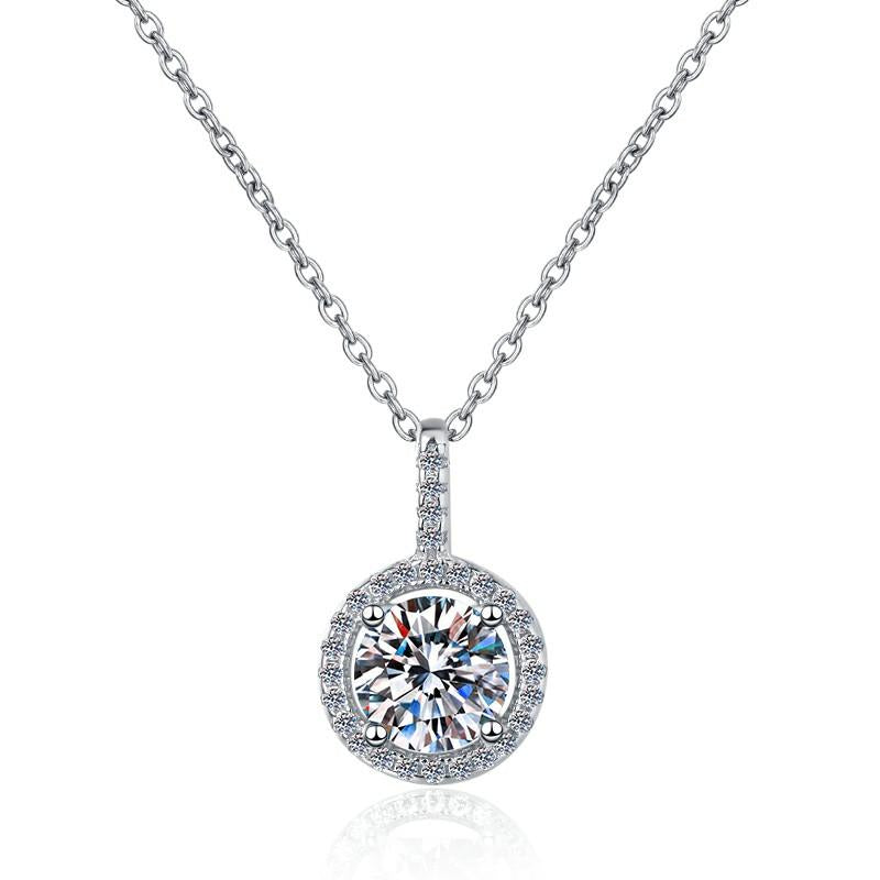 Circular Solitaire Halo Sterling Silver Moissanite Pendant, silver-tone