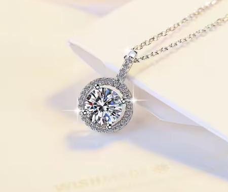 Circular Solitaire Halo Sterling Silver Moissanite Pendant, silver-tone