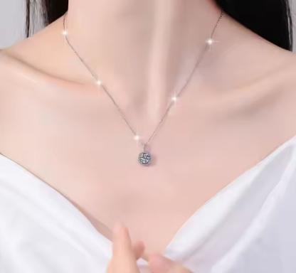 Circular Solitaire Halo Sterling Silver Moissanite Pendant, silver-tone