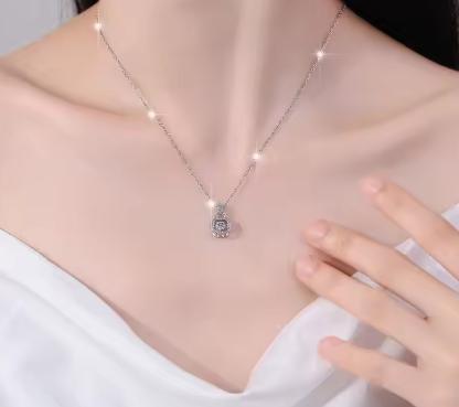 Petite Cushion Halo Sterling Silver Moissanite Pendant, silver-tone