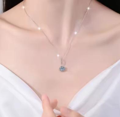 Long-Bail Halo Sterling Silver Moissanite Pendant, silver-tone