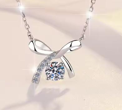 Bow Solitaire Sterling Silver Moissanite Pendant, silver-tone