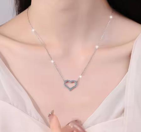 Open Pavé Heart Sterling Silver Moissanite Pendant, silver-tone