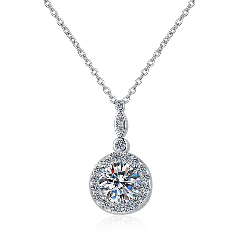 Double-Accent Halo Sterling Silver Moissanite Pendant, silver-tone