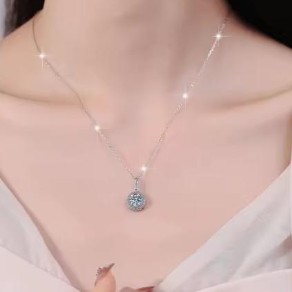 Double-Accent Halo Sterling Silver Moissanite Pendant, silver-tone