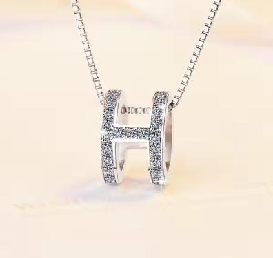 Letter H Sterling Silver Moissanite Pendant, silver-tone