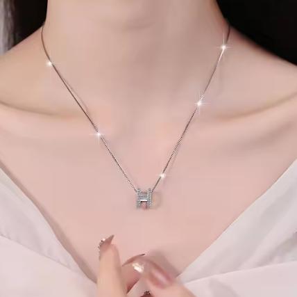 Letter H Sterling Silver Moissanite Pendant, silver-tone