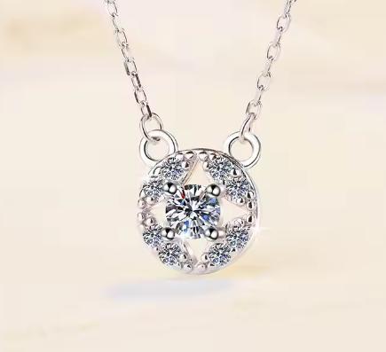 925 Sterling Silver Moissanite Round Bezel Halo Pendant