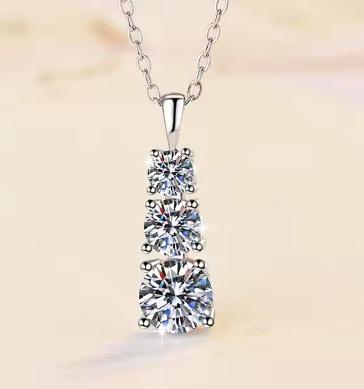 Graduated Three-Stone Drop Sterling Silver Moissanite Pendant, silver-tone