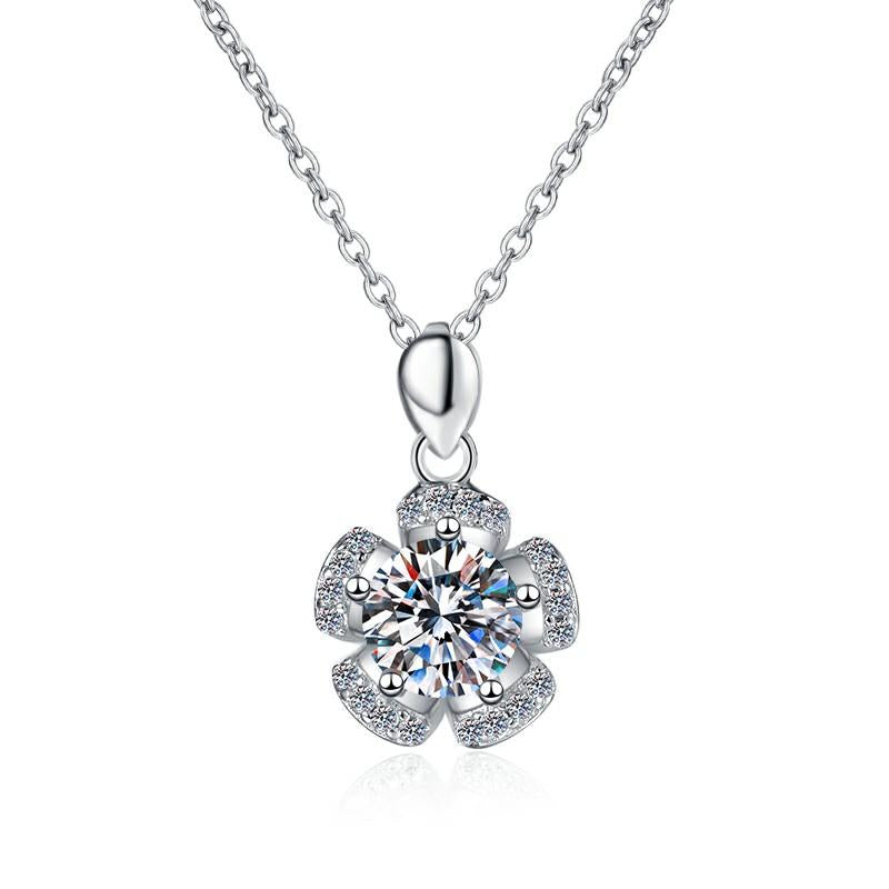 Six-Petal Flower Sterling Silver Moissanite Pendant, silver-tone
