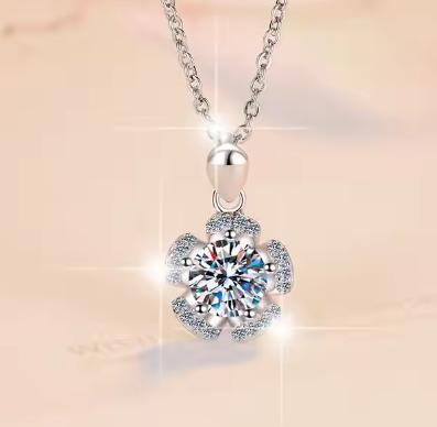 Six-Petal Flower Sterling Silver Moissanite Pendant, silver-tone