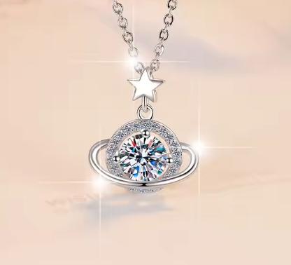 Planet Sterling Silver Moissanite Pendant, silver-tone