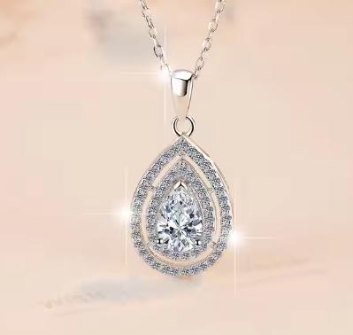 Layered Teardrop Halo Sterling Silver Moissanite Pendant, silver-tone
