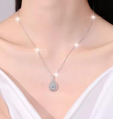 Layered Teardrop Halo Sterling Silver Moissanite Pendant, silver-tone