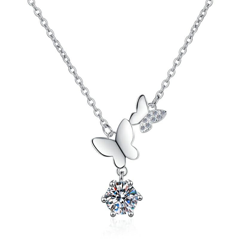 Butterfly Solitaire Drop Sterling Silver Moissanite Pendant, silver-tone