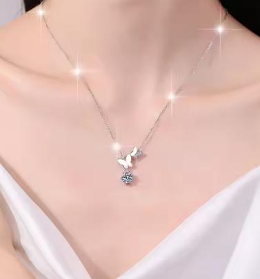 Butterfly Solitaire Drop Sterling Silver Moissanite Pendant, silver-tone