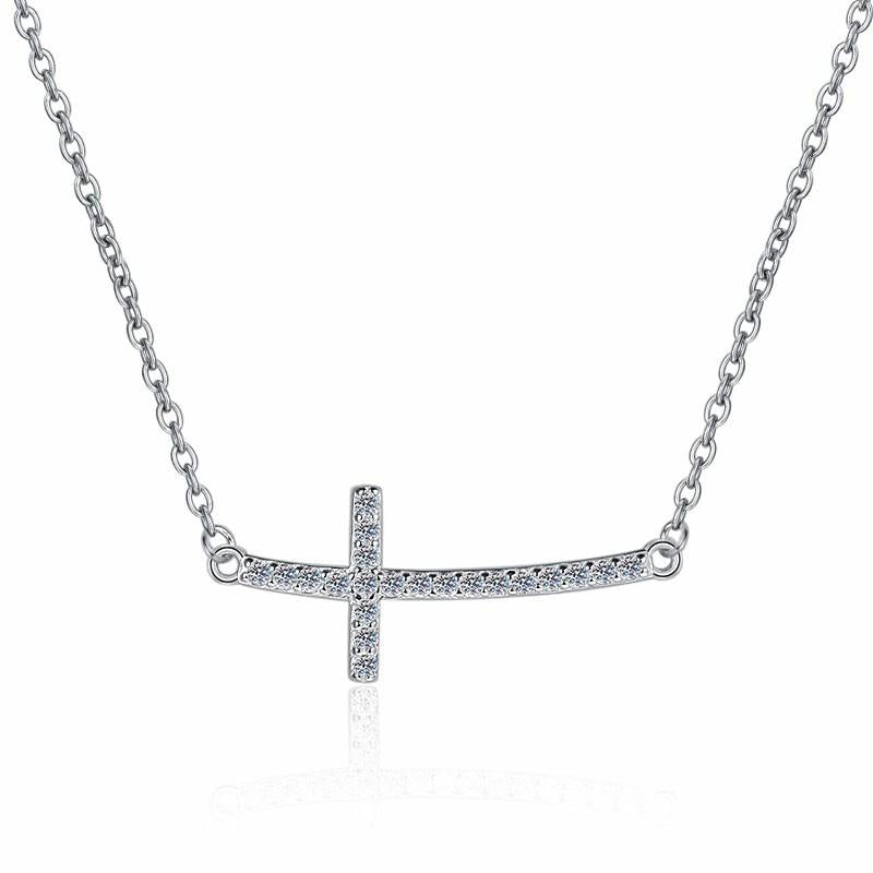 Sideways Cross Sterling Silver Moissanite Pendant, silver-tone