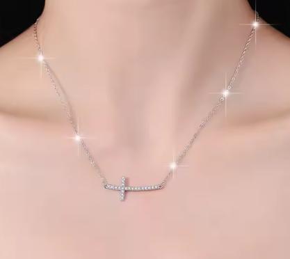 Sideways Cross Sterling Silver Moissanite Pendant, silver-tone