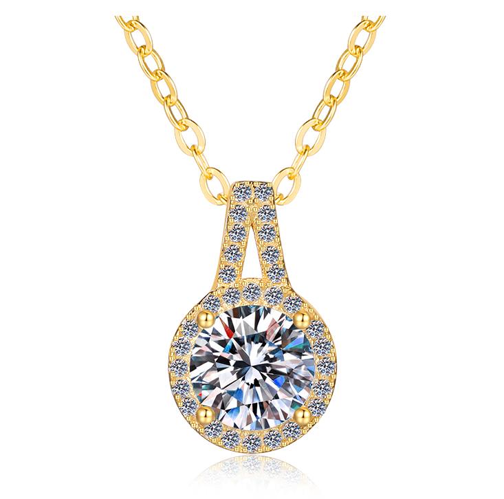 Curved Teardrop Halo Sterling Silver Moissanite Pendant, gold-tone