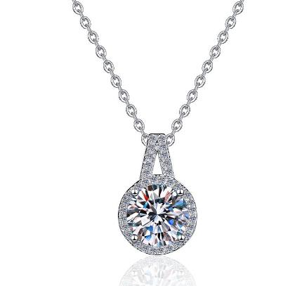 Curved Teardrop Halo Sterling Silver Moissanite Pendant, silver-tone