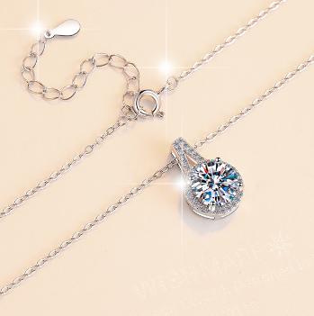 Curved Teardrop Halo Sterling Silver Moissanite Pendant, silver-tone