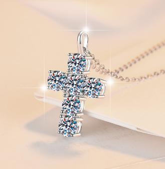 Cluster Cross Sterling Silver Moissanite Pendant, silver-tone