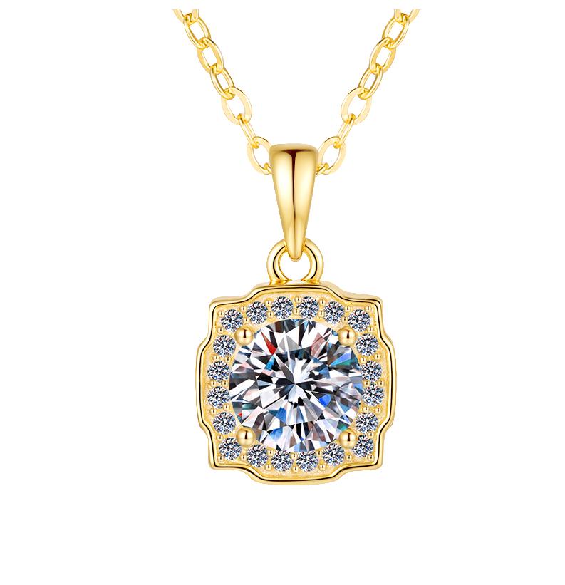 Square Halo Sterling Silver Moissanite Pendant, gold-tone