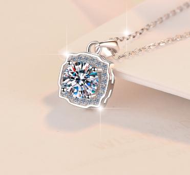 Square Halo Sterling Silver Moissanite Pendant, silver-tone