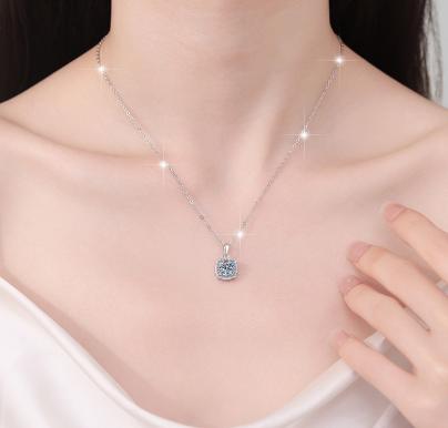 Square Halo Sterling Silver Moissanite Pendant, silver-tone